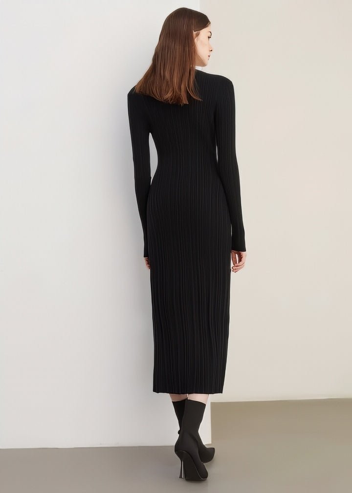 Asymmetric Slit Tight Ribbed Knit Dress - Vera Lumina