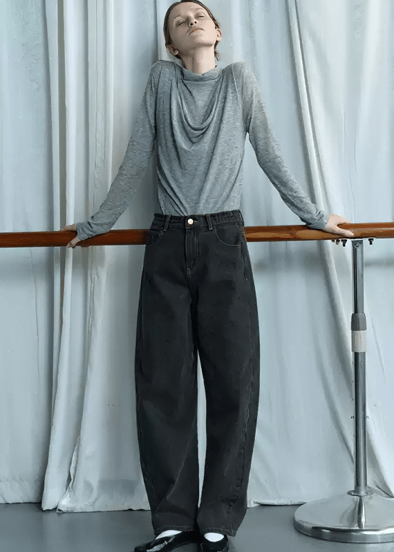 ASYMMETRIC WASHED DENIM WIDE LEG JEANS - Vera Lumina