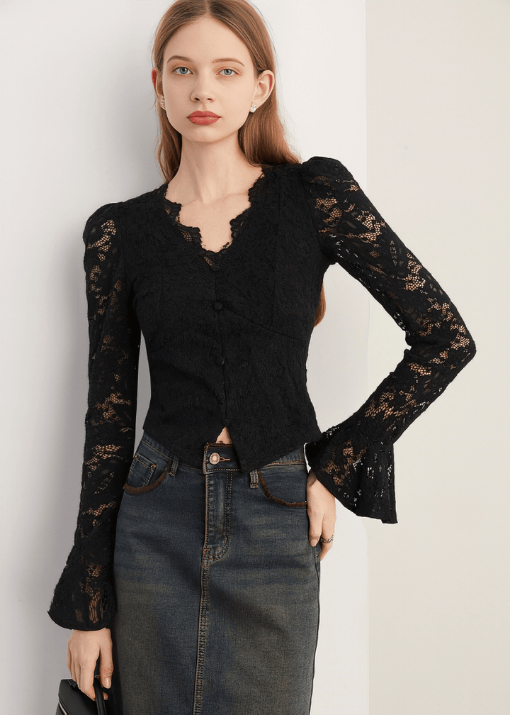 BAROQUE TRUMPET SLEEVE LACE BLOUSE - Vera Lumina