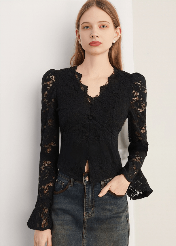 BAROQUE TRUMPET SLEEVE LACE BLOUSE - Vera Lumina