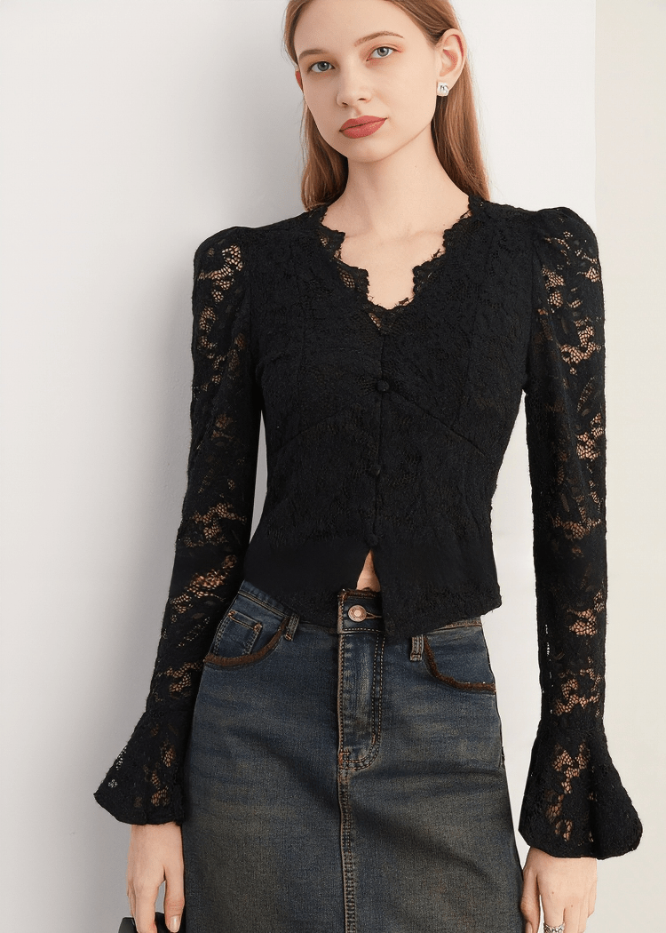 BAROQUE TRUMPET SLEEVE LACE BLOUSE - Vera Lumina