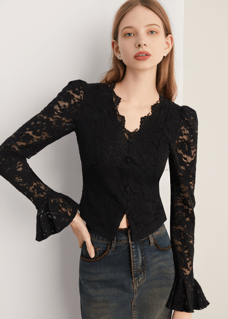 BAROQUE TRUMPET SLEEVE LACE BLOUSE - Vera Lumina