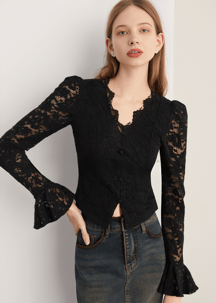 BAROQUE TRUMPET SLEEVE LACE BLOUSE - Vera Lumina