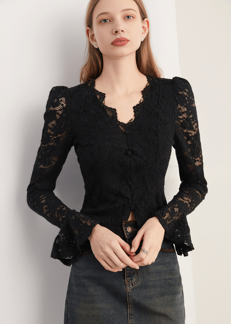 BAROQUE TRUMPET SLEEVE LACE BLOUSE - Vera Lumina