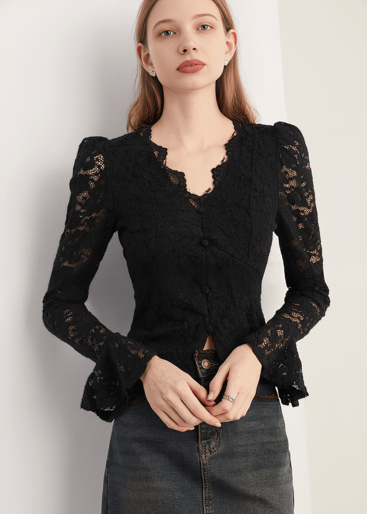 BAROQUE TRUMPET SLEEVE LACE BLOUSE - Vera Lumina