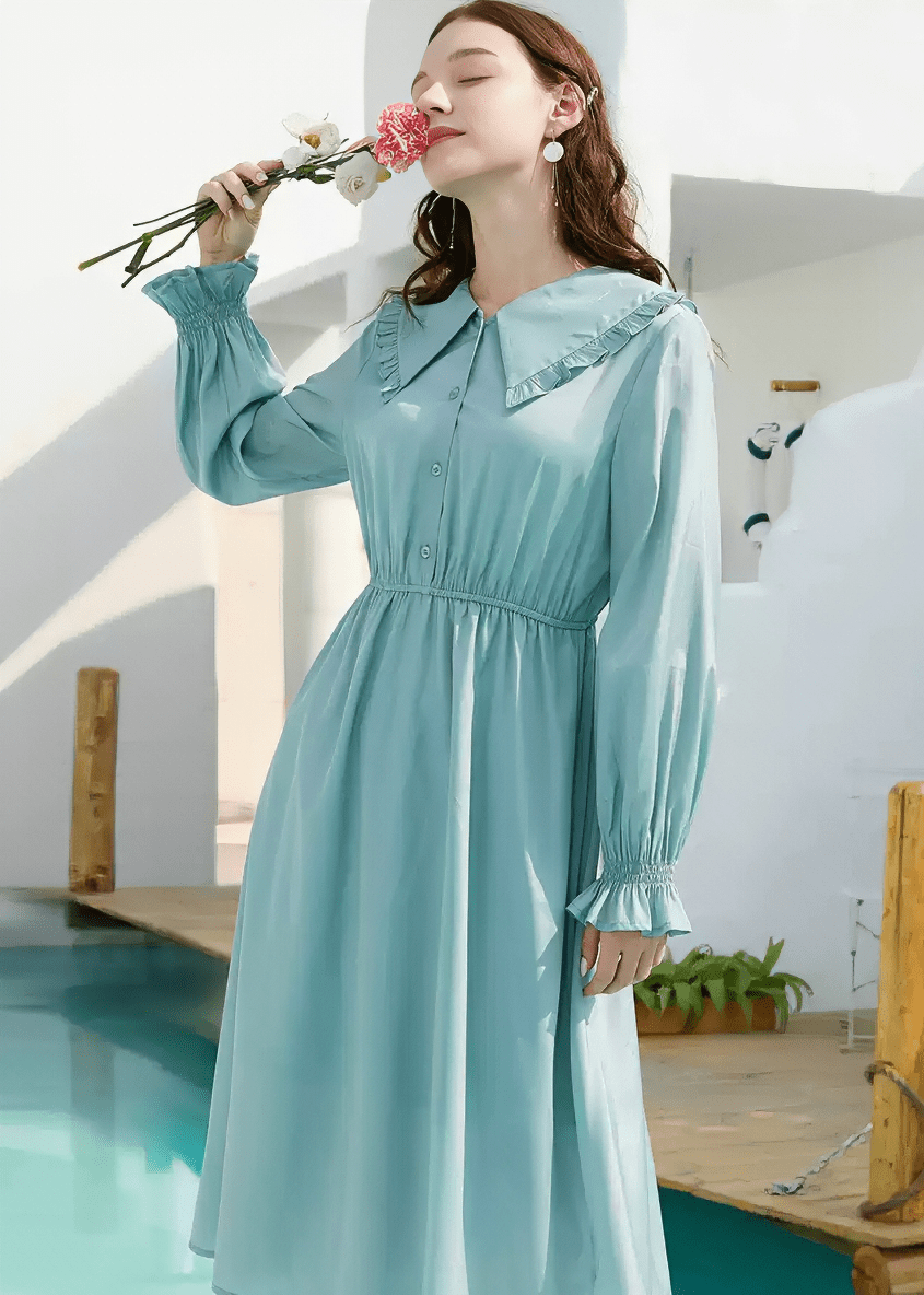 BISHOP SLEEVE SMOCKED WAIST COLLAR DRESS - Vera Lumina