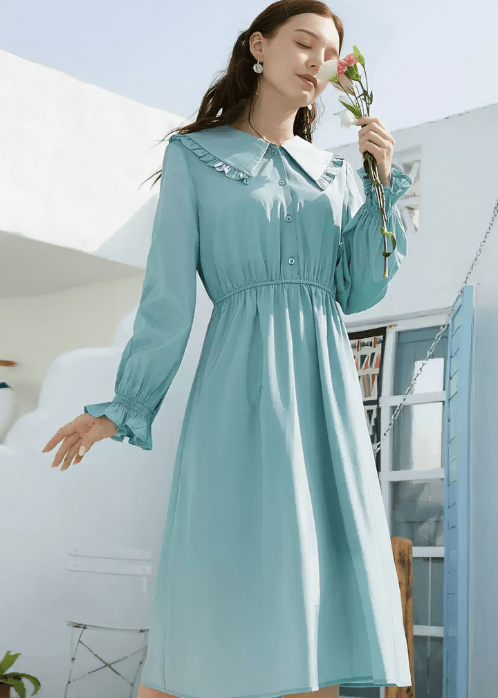 BISHOP SLEEVE SMOCKED WAIST COLLAR DRESS - Vera Lumina
