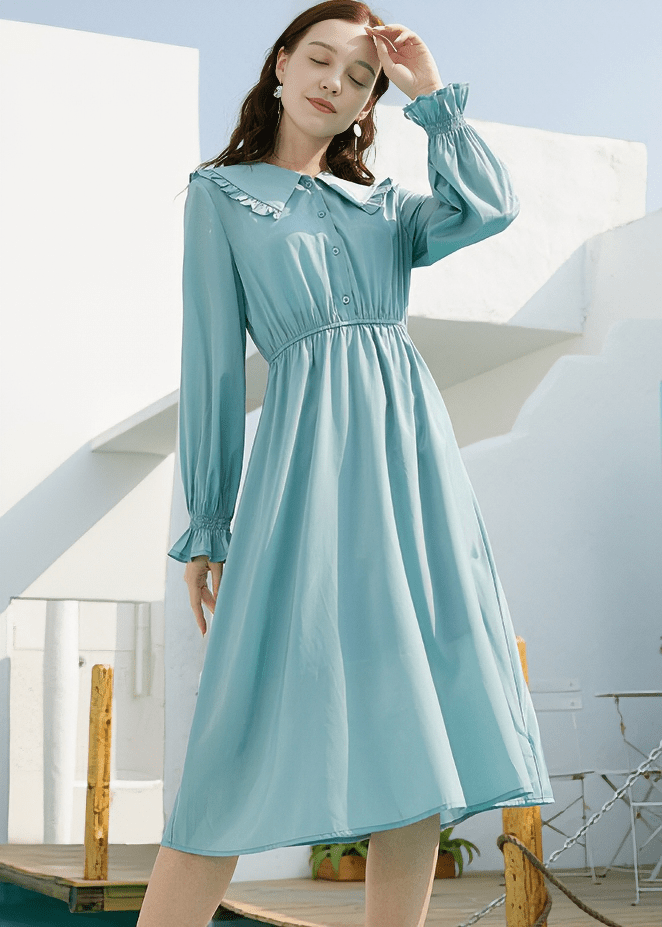 BISHOP SLEEVE SMOCKED WAIST COLLAR DRESS - Vera Lumina