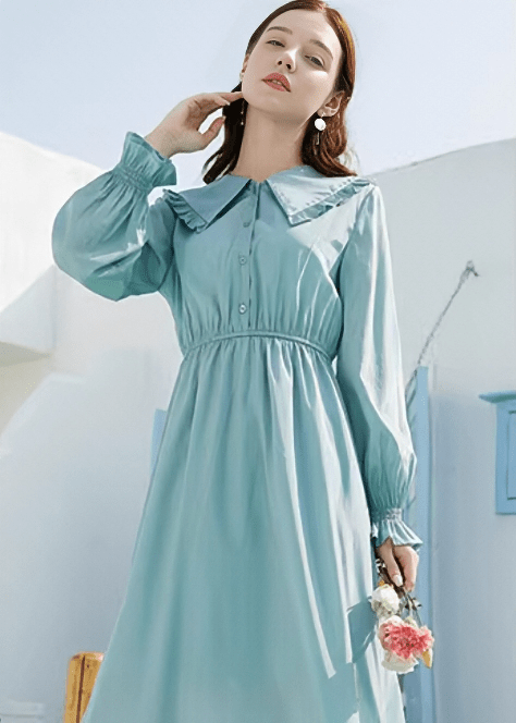 BISHOP SLEEVE SMOCKED WAIST COLLAR DRESS - Vera Lumina