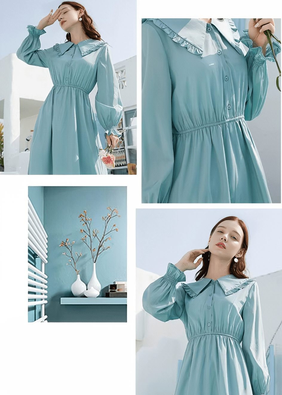 BISHOP SLEEVE SMOCKED WAIST COLLAR DRESS - Vera Lumina