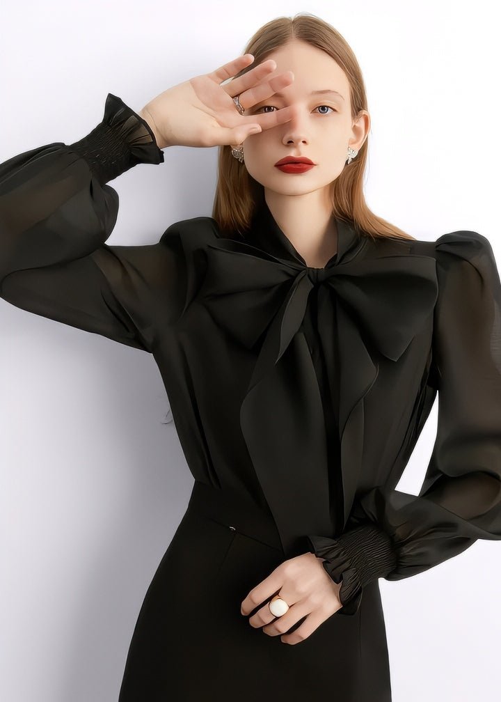Black Ribbon Sheer Blouse - Vera Lumina