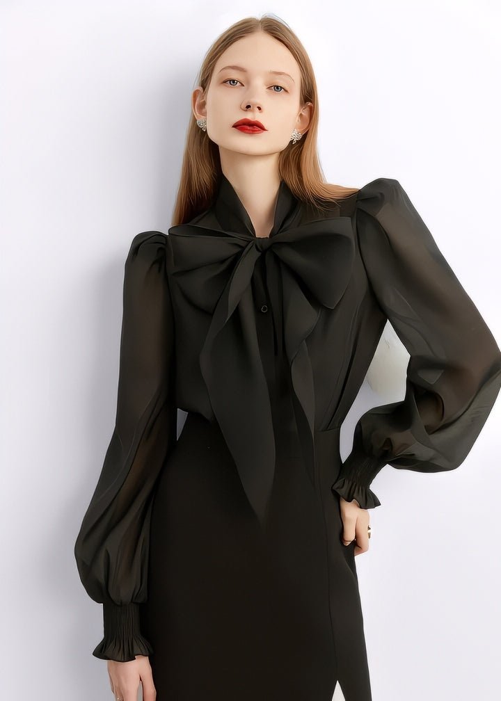 【IMVAL】Dark Sheer Ribbon Blouse Black Ribbon Sheer Blouse - Vera Lumina