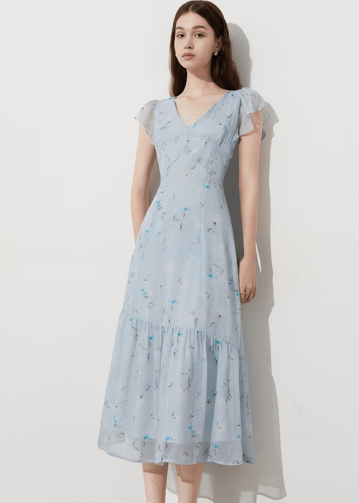 BOTANICAL FLUTTER SLEEVE MIDI DRESS - Vera Lumina