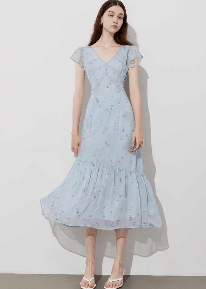BOTANICAL FLUTTER SLEEVE MIDI DRESS - Vera Lumina