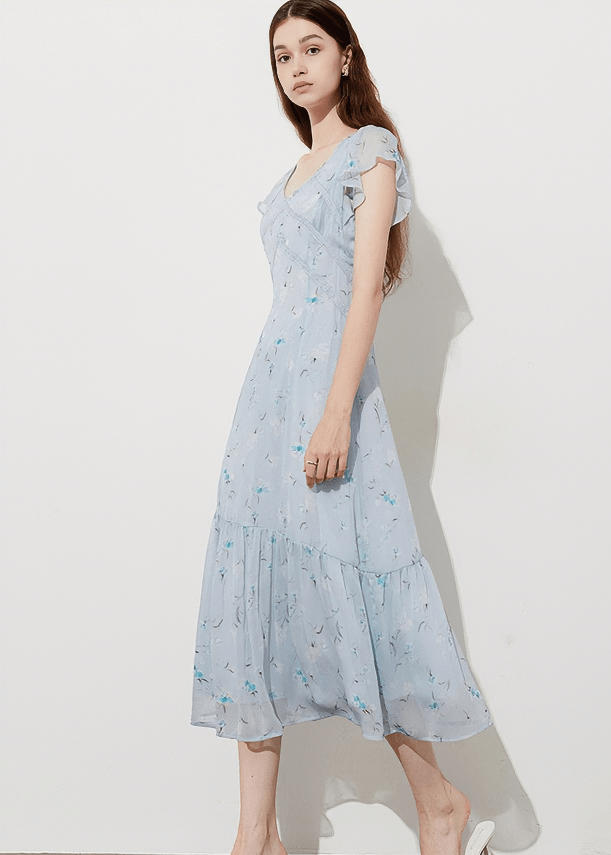 BOTANICAL FLUTTER SLEEVE MIDI DRESS - Vera Lumina