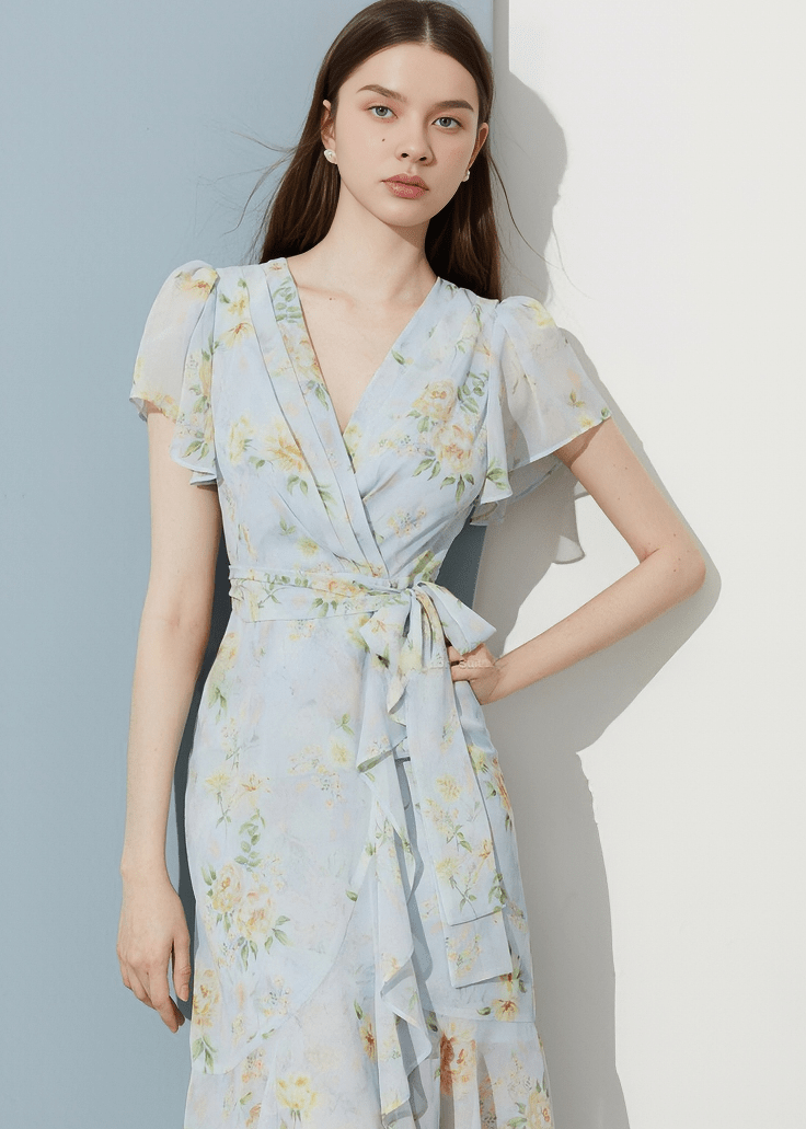 BOTANICAL RUFFLE WRAP DRESS - Vera Lumina