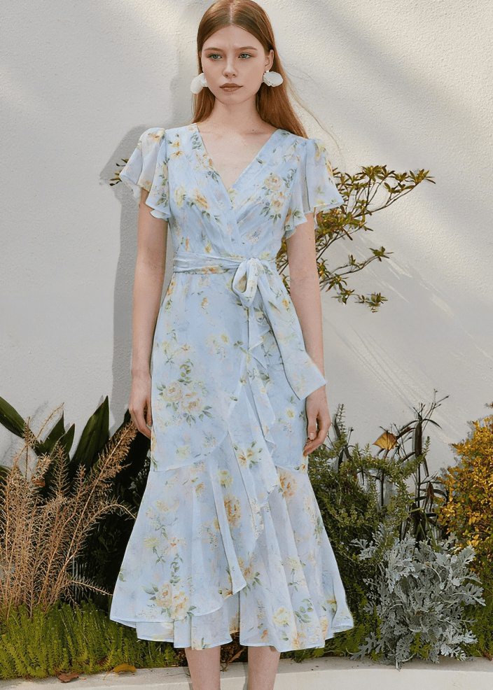 BOTANICAL RUFFLE WRAP DRESS - Vera Lumina