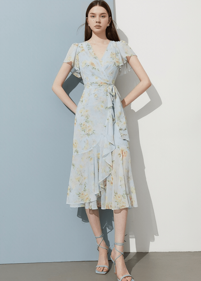 BOTANICAL RUFFLE WRAP DRESS - Vera Lumina