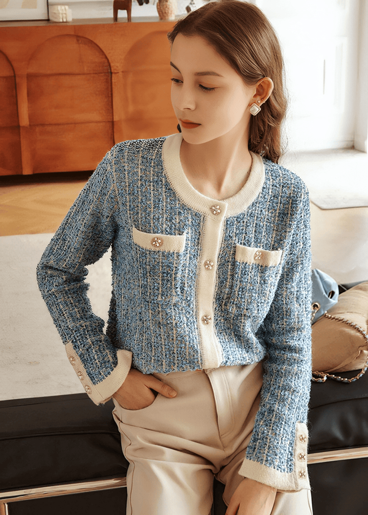 BOUCLÉ TWEED PEARL BUTTON CARDIGAN - Vera Lumina