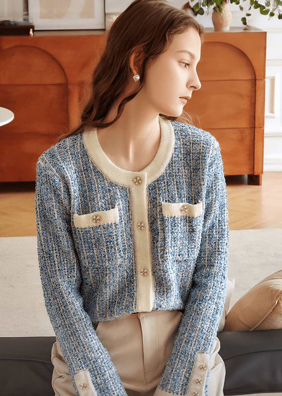 BOUCLÉ TWEED PEARL BUTTON CARDIGAN - Vera Lumina