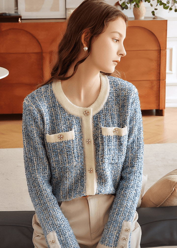 BOUCLÉ TWEED PEARL BUTTON CARDIGAN - Vera Lumina
