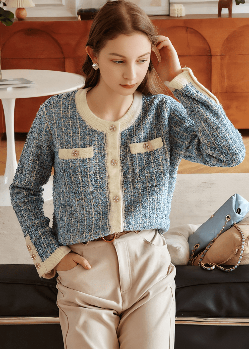 BOUCLÉ TWEED PEARL BUTTON CARDIGAN - Vera Lumina