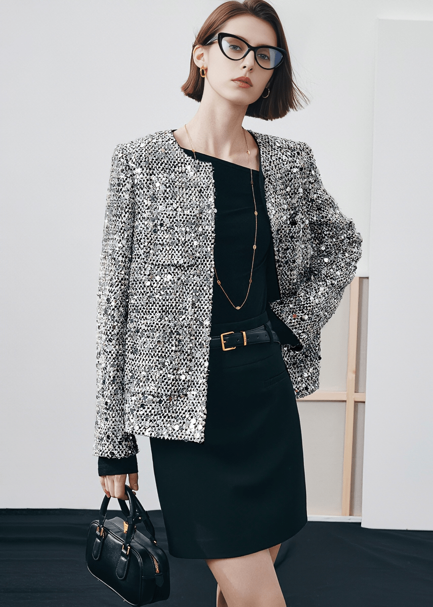 BOUCLE WEAVE COLLARLESS JACKET - Vera Lumina