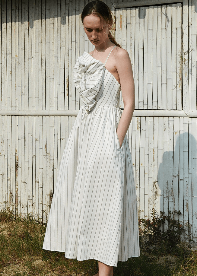 CASCADE RUFFLE OFF - SHOULDER MIDI DRESS - Vera Lumina
