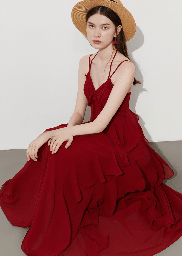 CASCADING RUFFLE HALTER DRESS - Vera Lumina