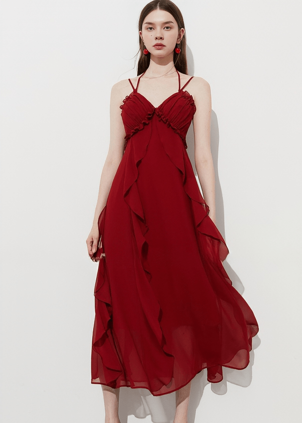 CASCADING RUFFLE HALTER DRESS - Vera Lumina