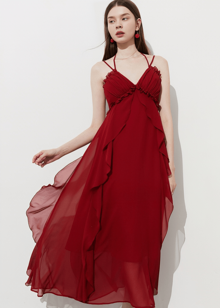 CASCADING RUFFLE HALTER DRESS - Vera Lumina