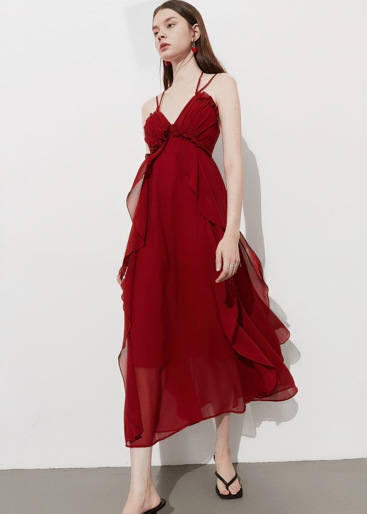 CASCADING RUFFLE HALTER DRESS - Vera Lumina