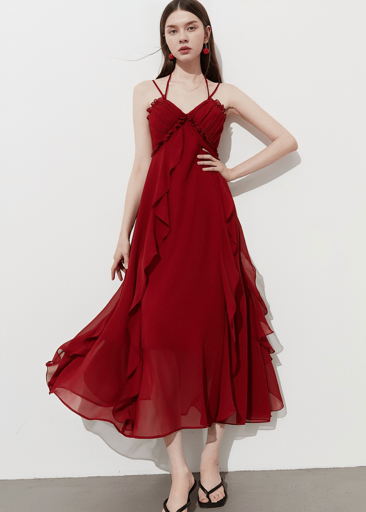 CASCADING RUFFLE HALTER DRESS - Vera Lumina