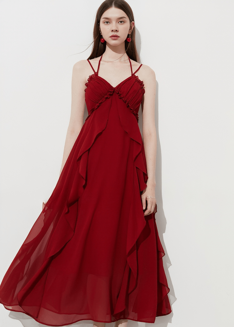 CASCADING RUFFLE HALTER DRESS - Vera Lumina