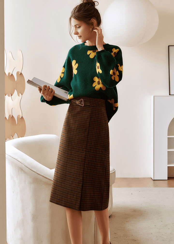 CHECKED PENCIL MIDI SKIRT - Vera Lumina