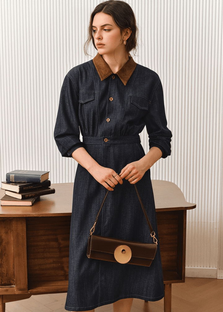 CONTRAST COLLAR DENIM SHIRT DRESS - Vera Lumina