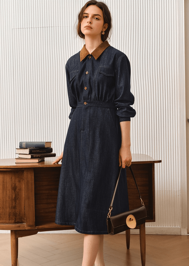 CONTRAST COLLAR DENIM SHIRT DRESS - Vera Lumina