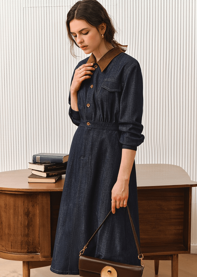 CONTRAST COLLAR DENIM SHIRT DRESS - Vera Lumina