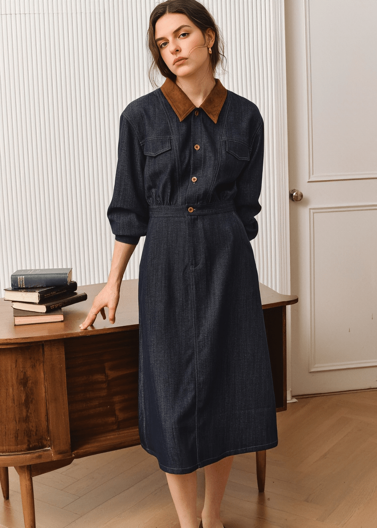 CONTRAST COLLAR DENIM SHIRT DRESS - Vera Lumina