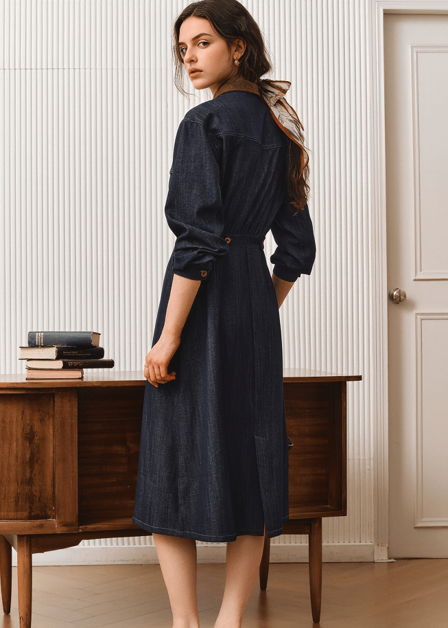 CONTRAST COLLAR DENIM SHIRT DRESS - Vera Lumina