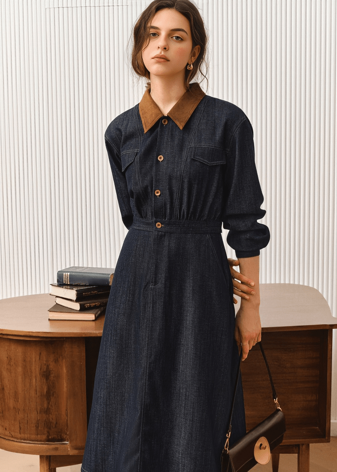 CONTRAST COLLAR DENIM SHIRT DRESS - Vera Lumina