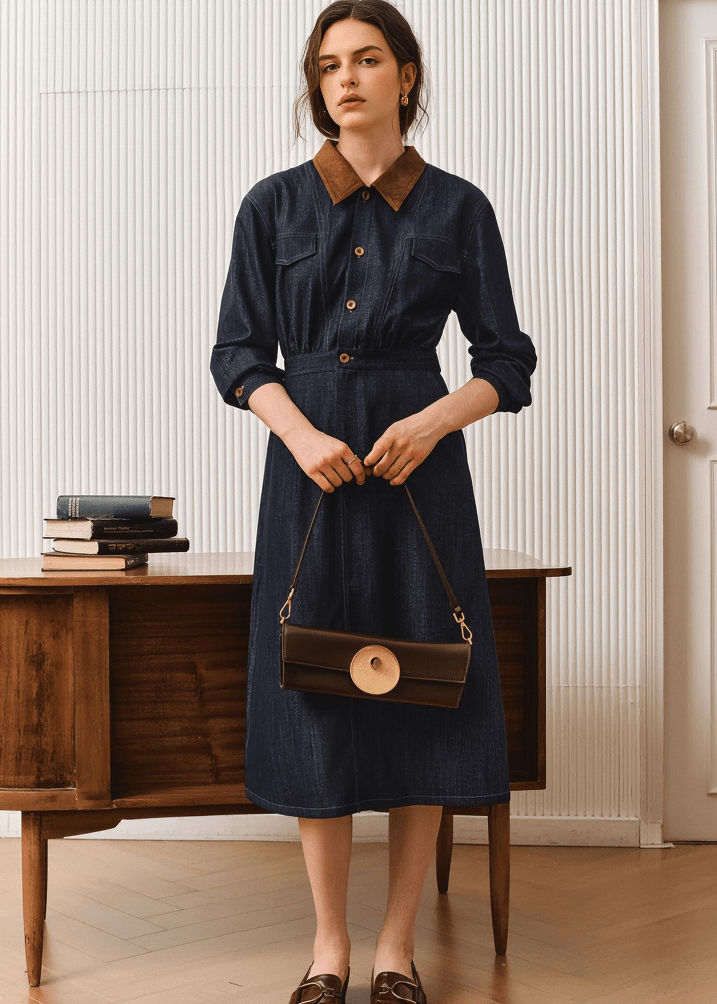 CONTRAST COLLAR DENIM SHIRT DRESS - Vera Lumina