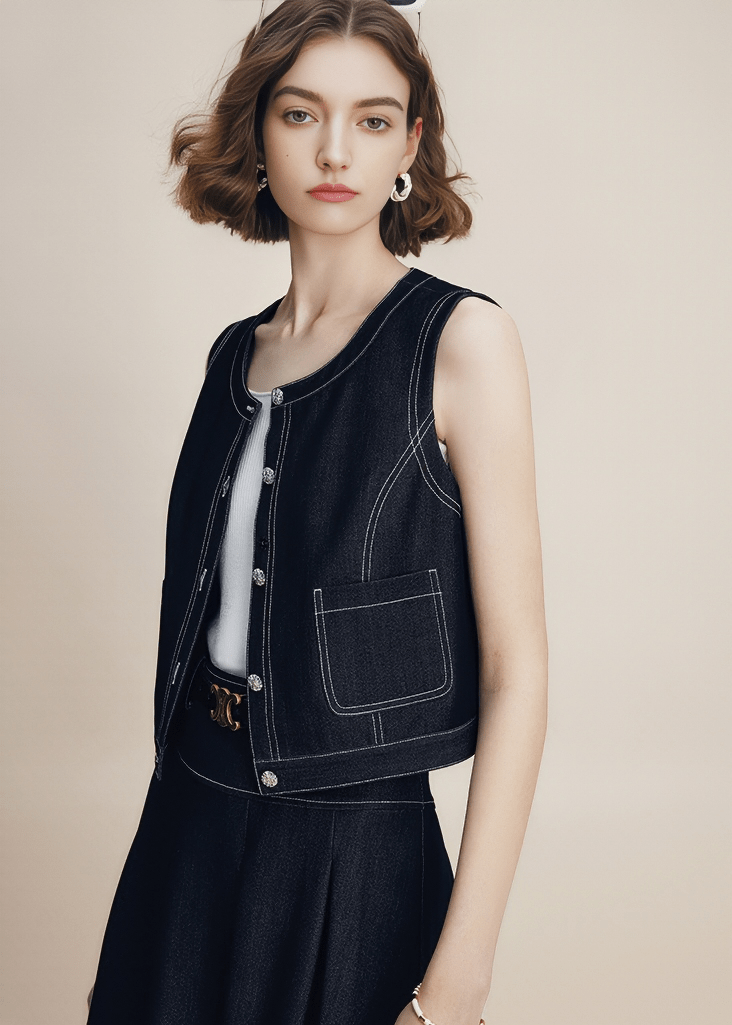 CONTRAST STITCH DENIM VEST - Vera Lumina