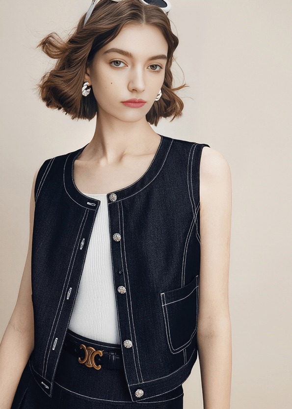 CONTRAST STITCH DENIM VEST - Vera Lumina
