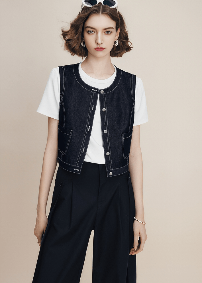CONTRAST STITCH DENIM VEST - Vera Lumina