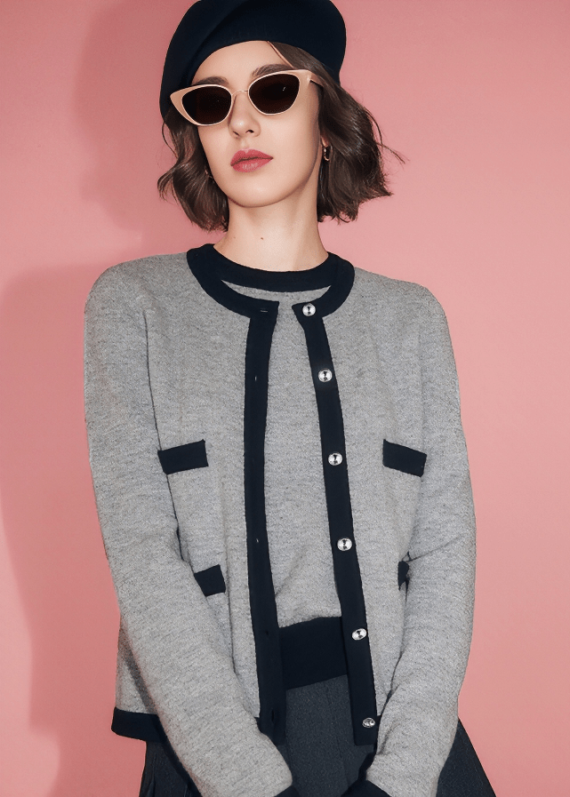 CONTRAST TRIM ROUND NECK CARDIGAN - Vera Lumina