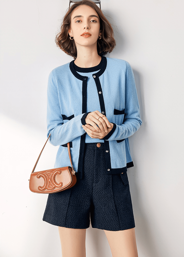 CONTRAST TRIM ROUND NECK CARDIGAN - Vera Lumina