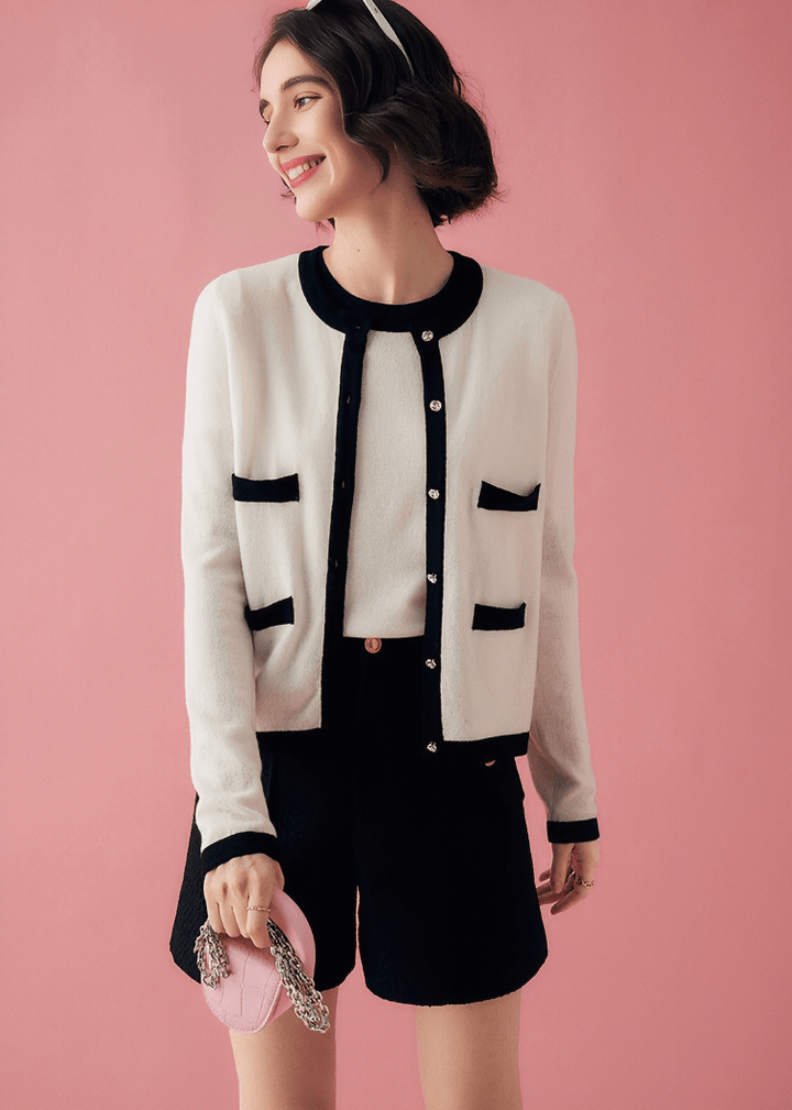 CONTRAST TRIM ROUND NECK CARDIGAN - Vera Lumina