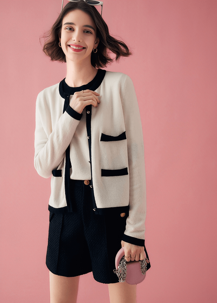 CONTRAST TRIM ROUND NECK CARDIGAN - Vera Lumina