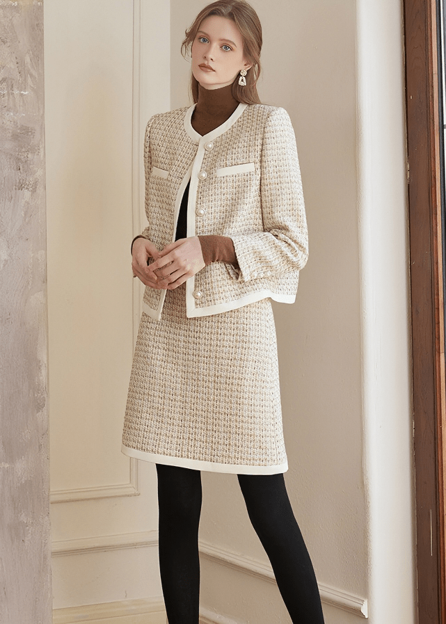 CONTRAST TRIM TWEED JACKET&SKIRT - Vera Lumina